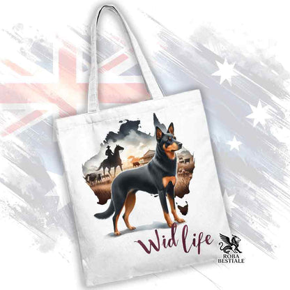 Borsa Tote Bag, stampata con un Australian Kelpie nero focato, grafica Australian Wild Life