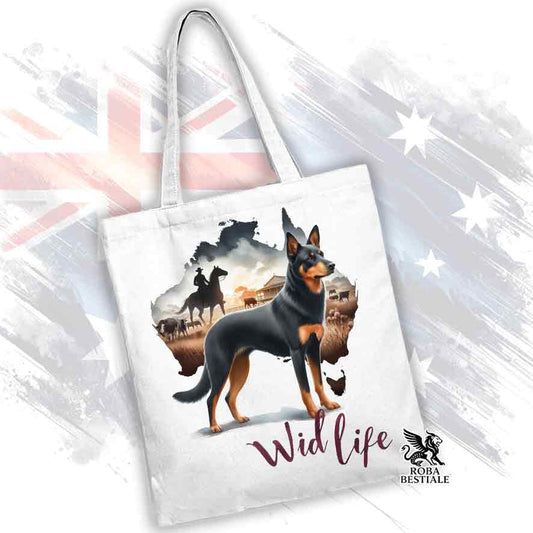 Borsa Tote Bag, stampata con un Australian Kelpie nero focato, grafica Australian Wild Life
