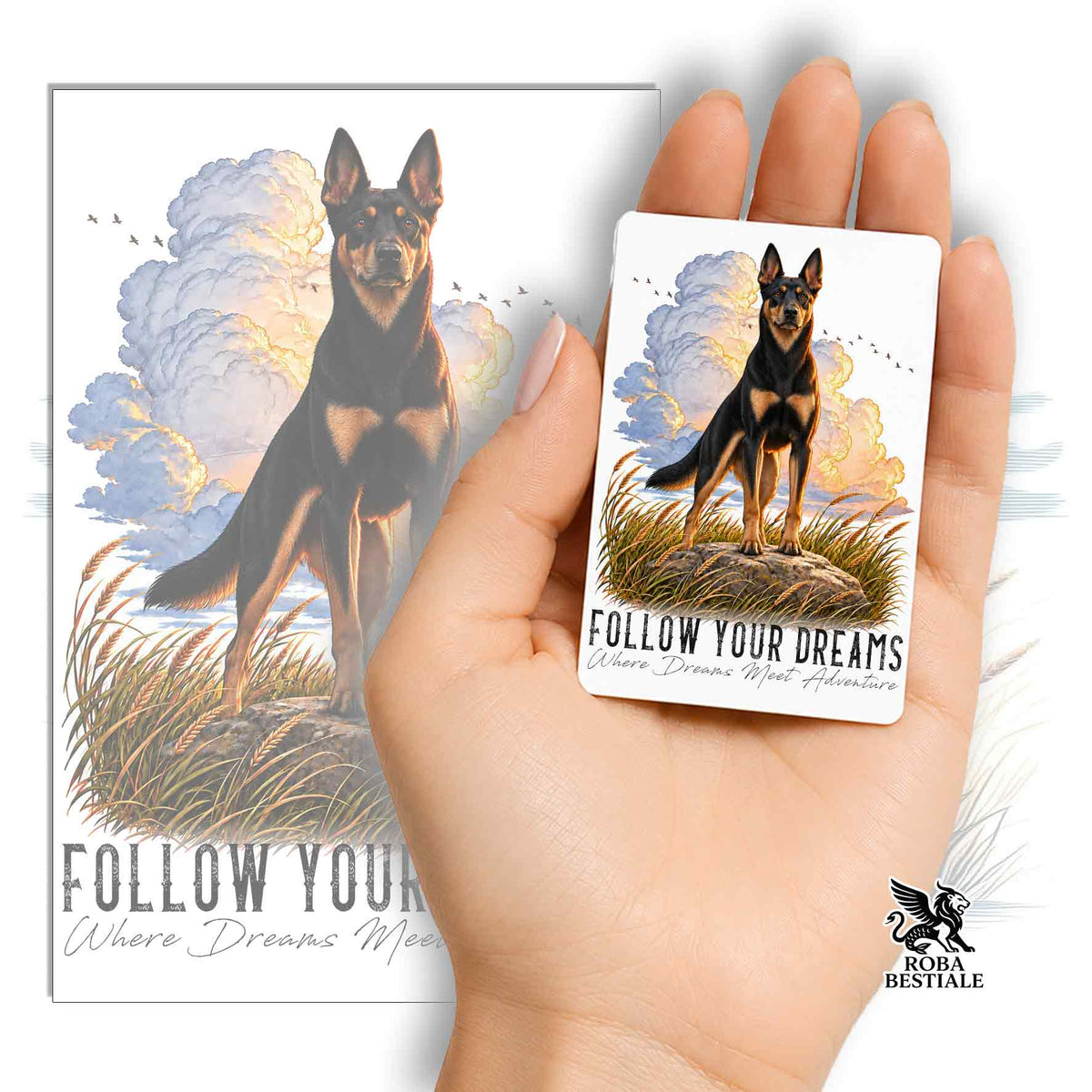Aimant QUOTES "RÊVE" - KELPIE AUSTRALIEN Noir Tricolore - en MDF, 7x5 cm