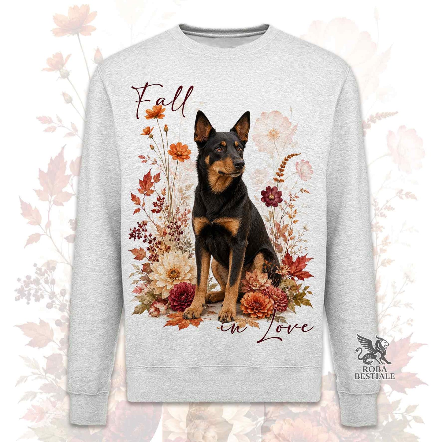 Felpa girocollo grigia stampata con un Australian Kelpie seduto in mezzo a fiori e foglie autunnali. Grafica originale Roba Bestiale, collezione Fall in Love