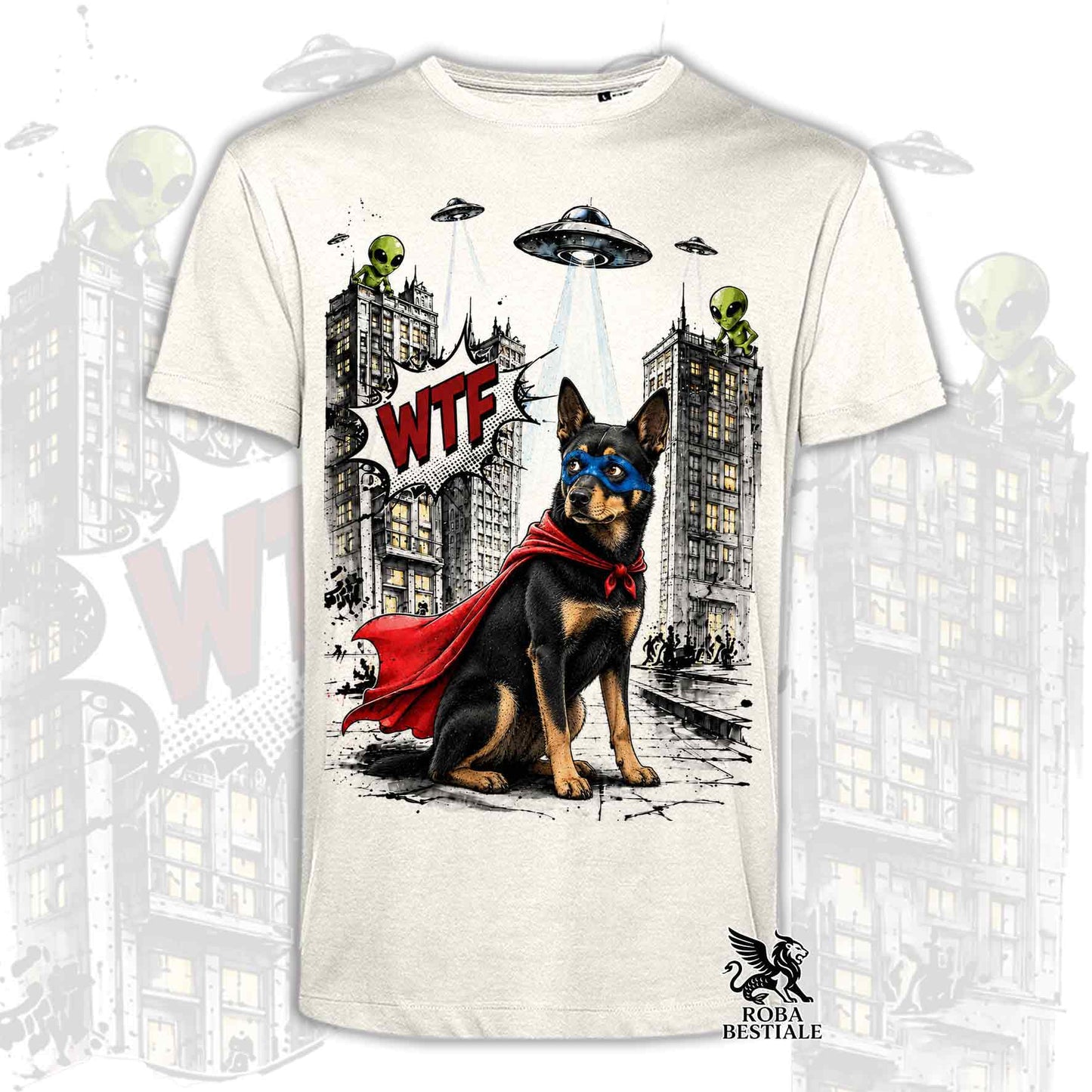 T-shirt beige stampata con un Australian Kelpie con espressione sorpresa, vestito da Super Eroe. Grafica originale Roba Bestiale, collezione Hero