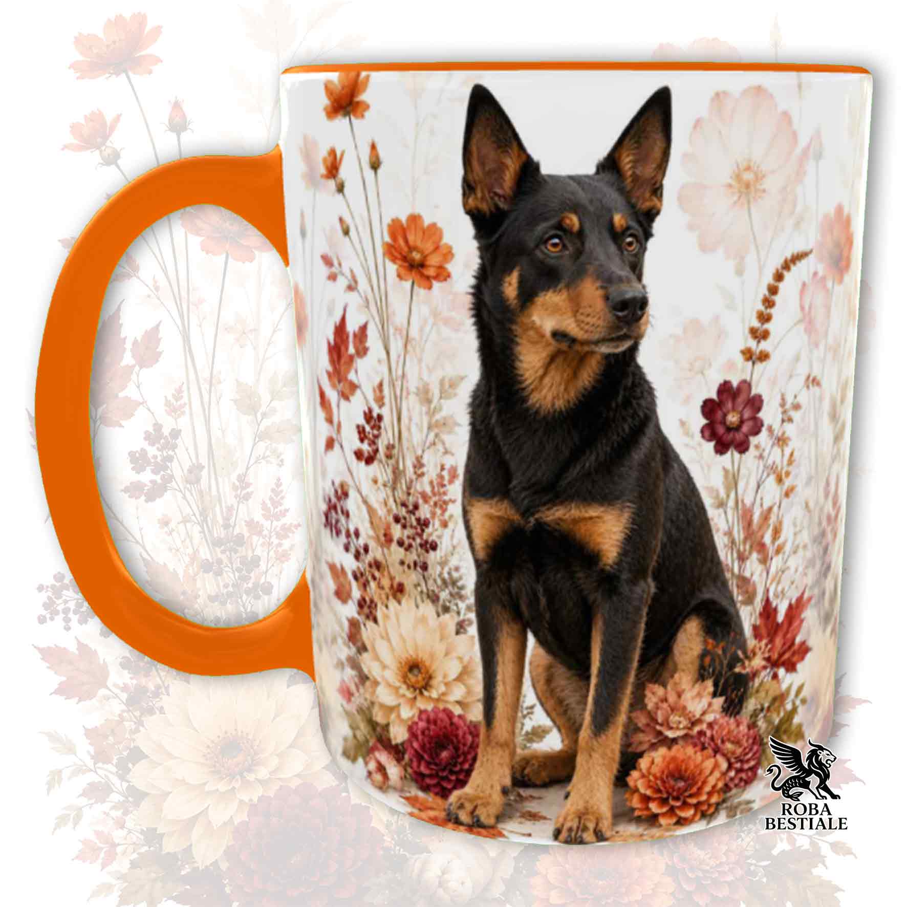 Tazza con la stampa di un Australian Kelpie seduto in mezzo a fiori e foglie autunnali. Grafica originale Roba Bestiale, collezione Fall in Love