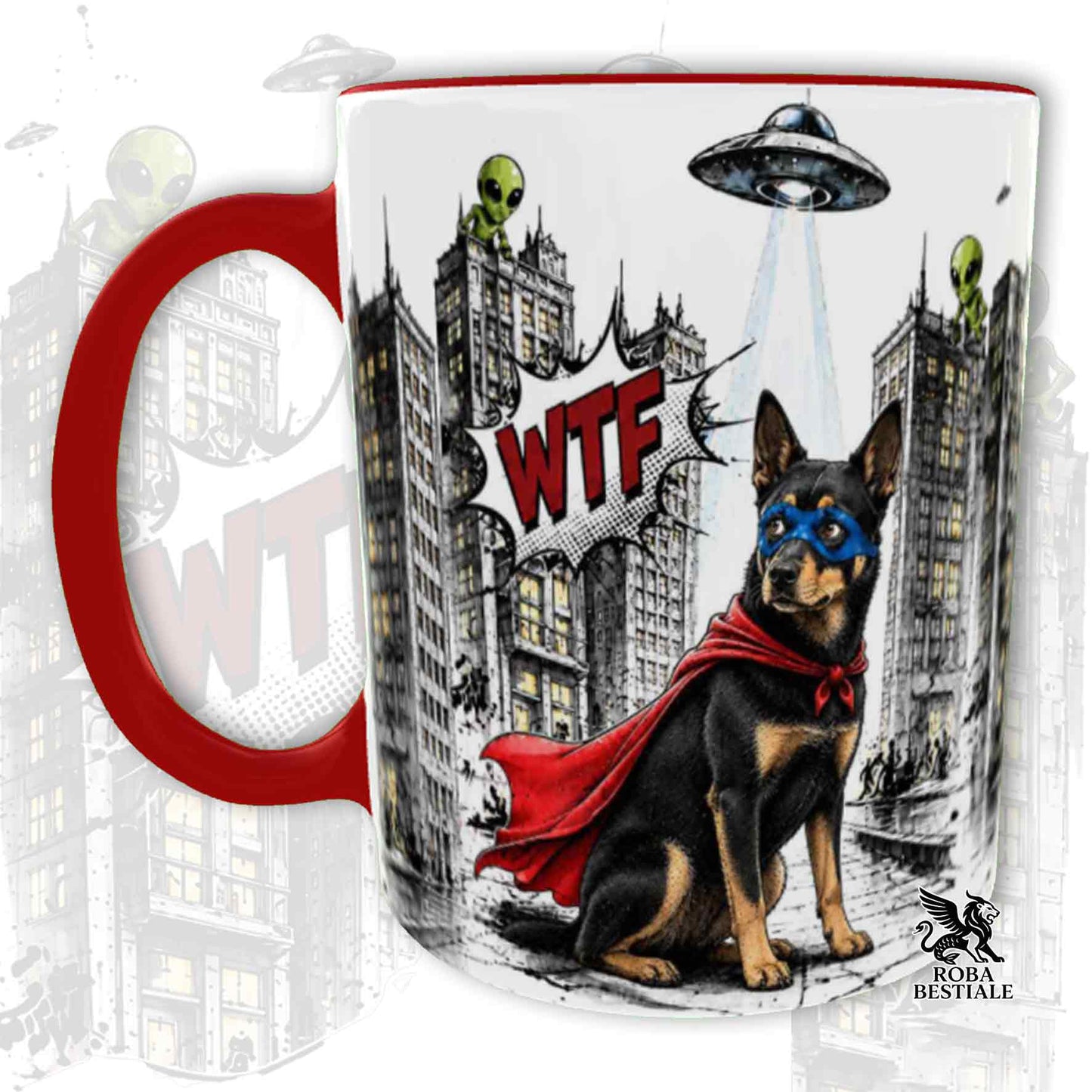 Tazza rossa stampata con un Australian Kelpie con espressione sorpresa, vestito da Super Eroe. Grafica originale Roba Bestiale, collezione Hero