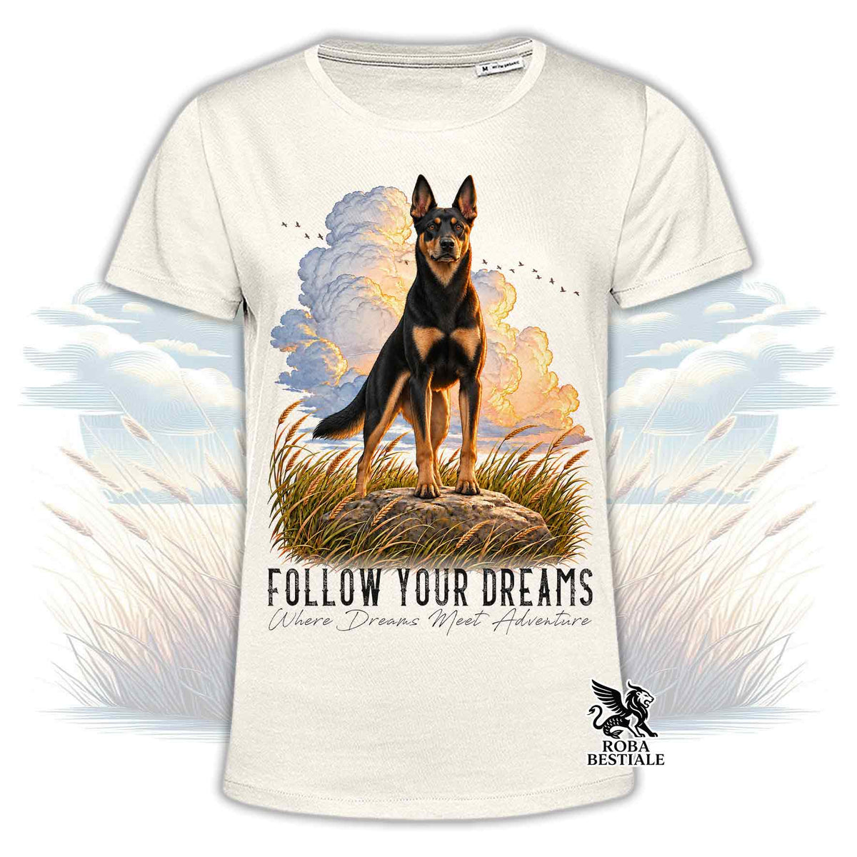 T-shirt beige stampata con un Australian Kelpie. Grafica originale Roba Bestiale, collezione Dream