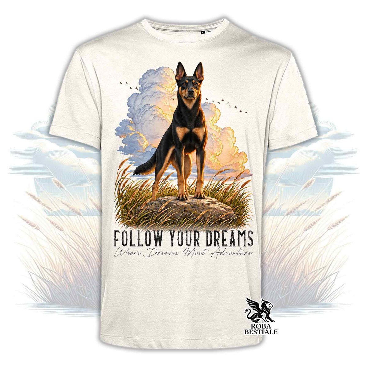 T-shirt beige stampata con un Australian Kelpie. Grafica originale Roba Bestiale, collezione Dream