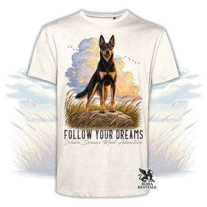 T-shirt beige stampata con un Australian Kelpie. Grafica originale Roba Bestiale, collezione Dream