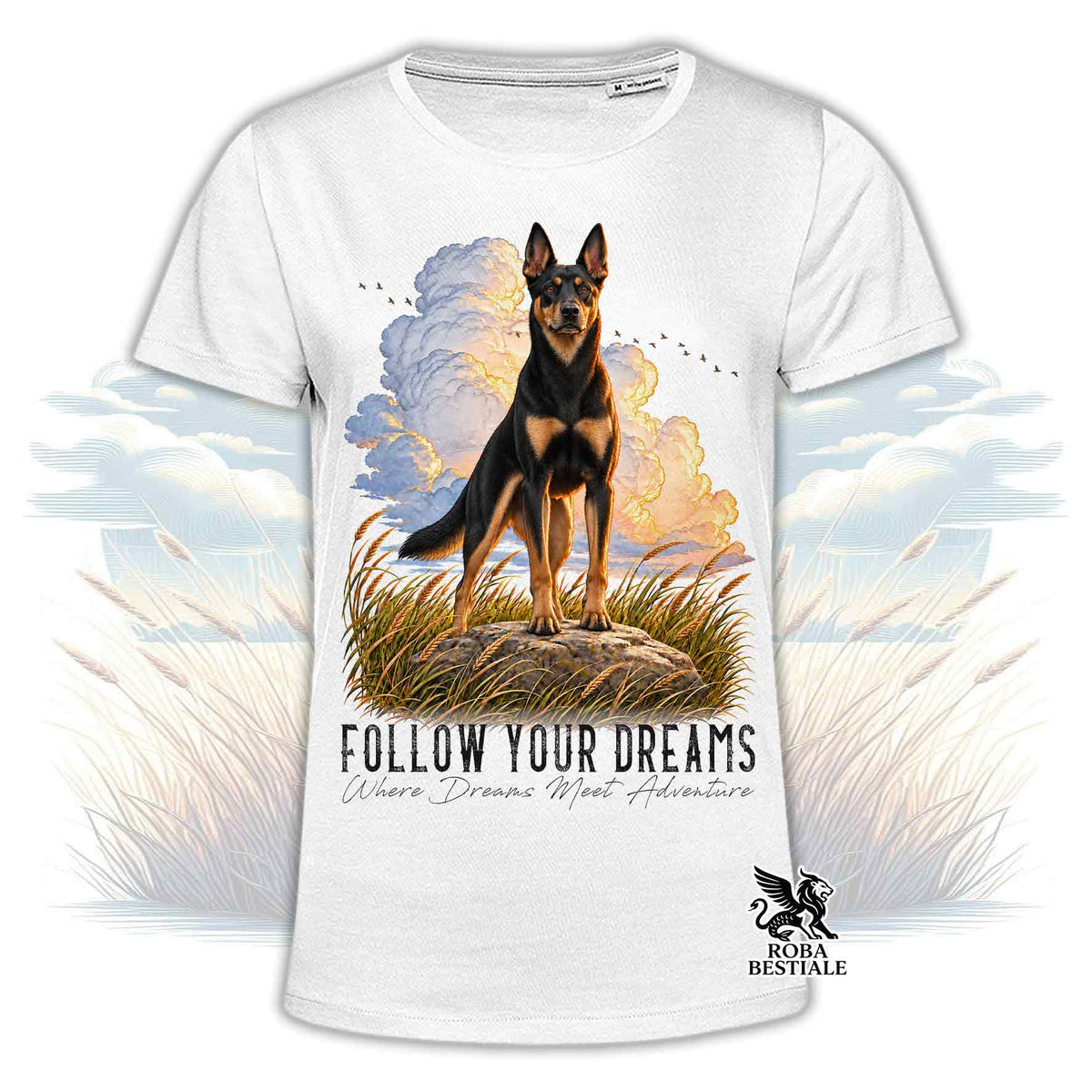 T-shirt bianca stampata con un Australian Kelpie. Grafica originale Roba Bestiale, collezione Dream