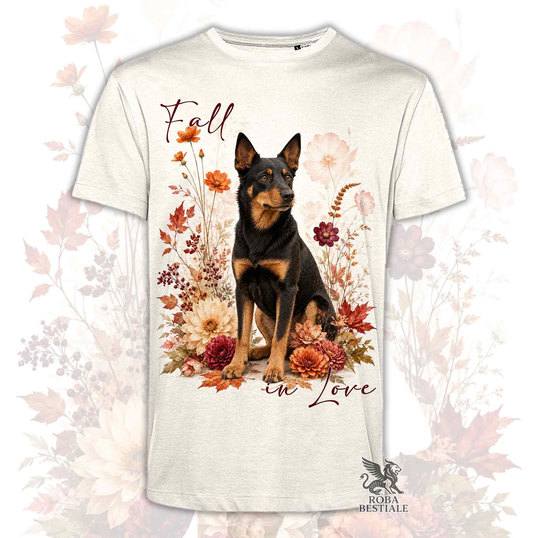 T-shirt beige stampata con un Australian Kelpie seduto in mezzo a fiori e foglie autunnali. Grafica originale Roba Bestiale, collezione Fall