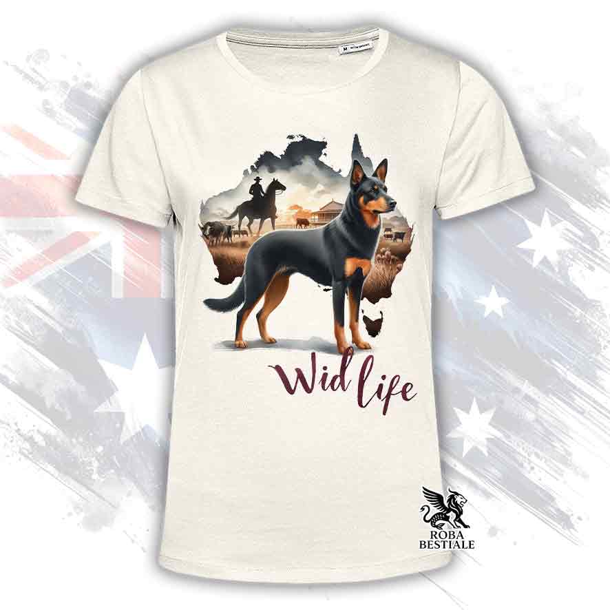 T-shirt beige stampata con un Australian Kelpie, grafica Australian Wild Life