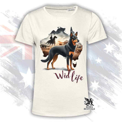 T-shirt beige stampata con un Australian Kelpie, grafica Australian Wild Life