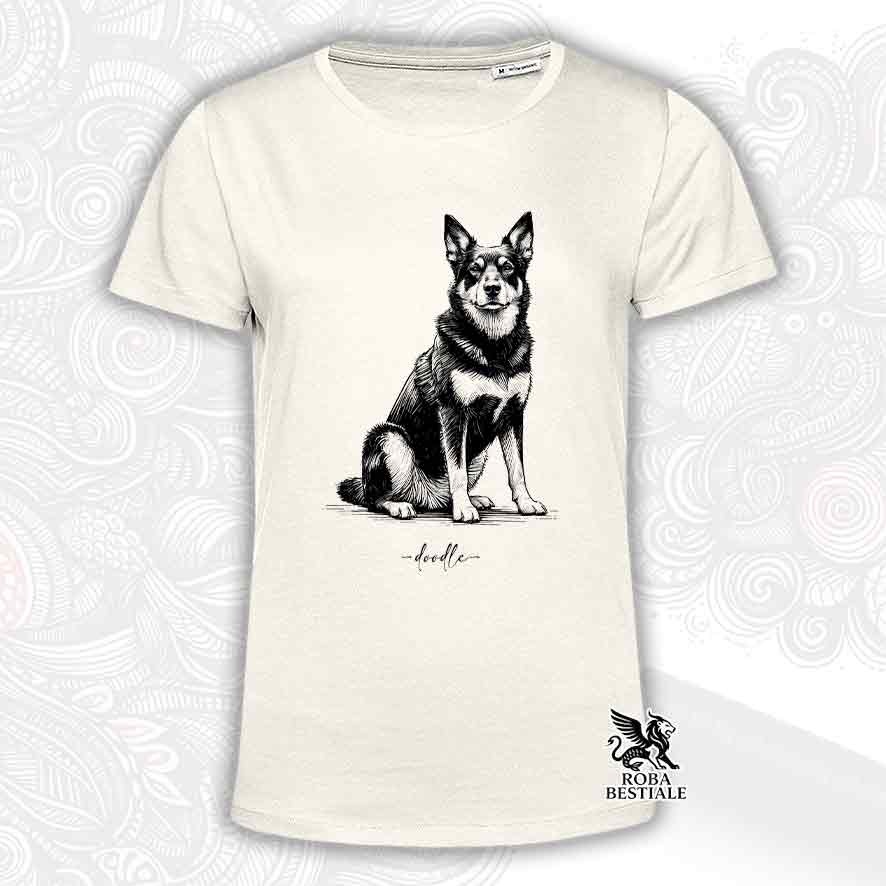 T-shirt beige stampata con un Australian Kelpie, grafica Doodle