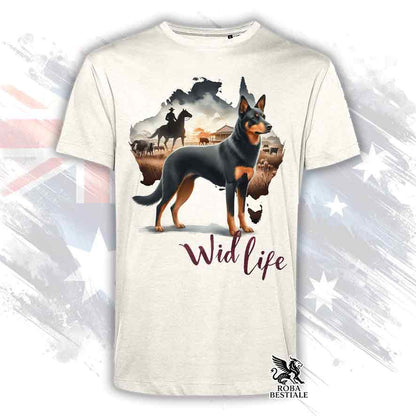 T-shirt beige stampata con un Australian Kelpie, grafica Australian Wild Life