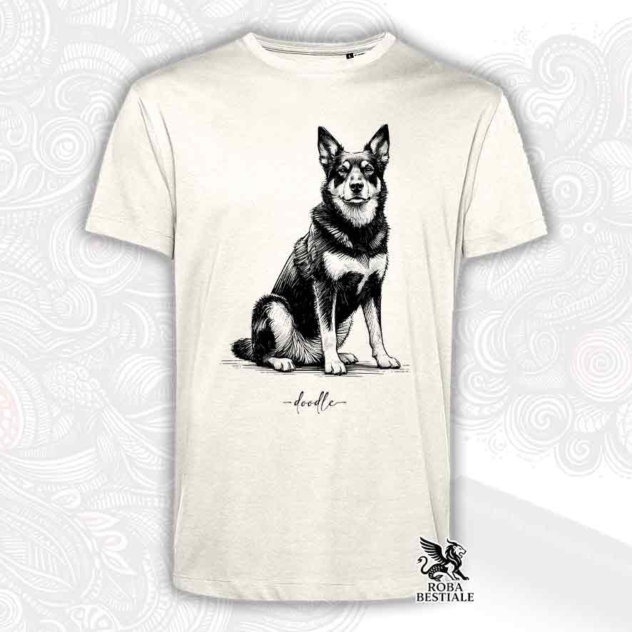 T-shirt beige stampata con un Australian Kelpie, grafica Doodle