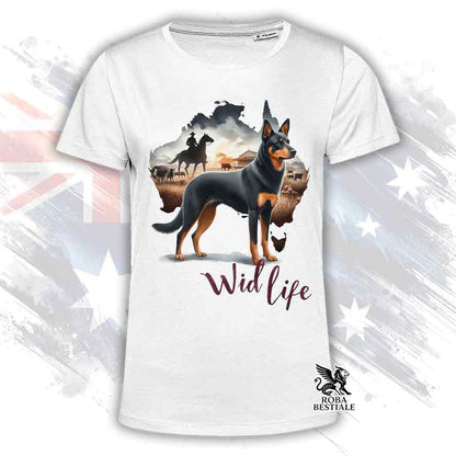 T-shirt bianca stampata con un Australian Kelpie, grafica Australian Wild Life