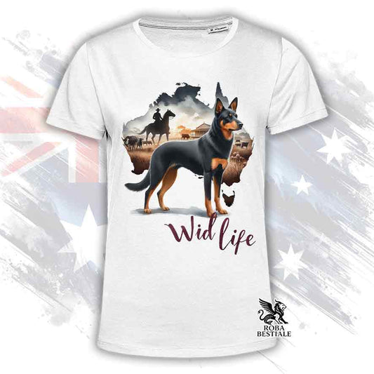 T-shirt bianca stampata con un Australian Kelpie, grafica Australian Wild Life