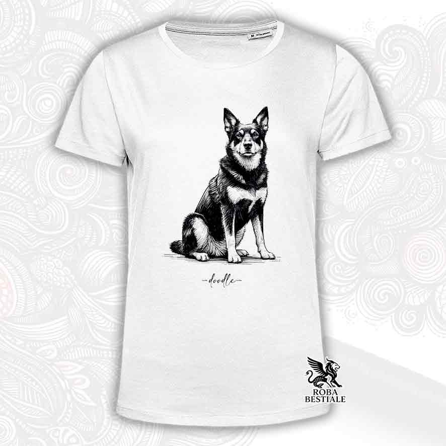 T-shirt bianca stampata con un Australian Kelpie, grafica Doodle