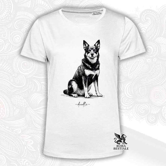 T-shirt bianca stampata con un Australian Kelpie, grafica Doodle