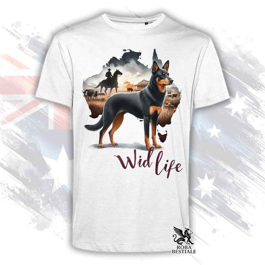 T-shirt bianca stampata con un Australian Kelpie, grafica Australian Wild Life