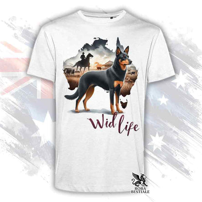 T-shirt bianca stampata con un Australian Kelpie, grafica Australian Wild Life