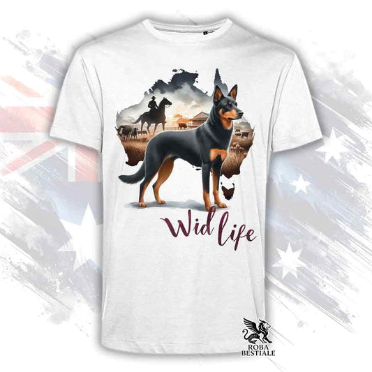 T-shirt bianca stampata con un Australian Kelpie, grafica Australian Wild Life