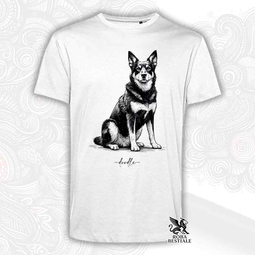 T-shirt bianca stampata con un Australian Kelpie, grafica Doodle