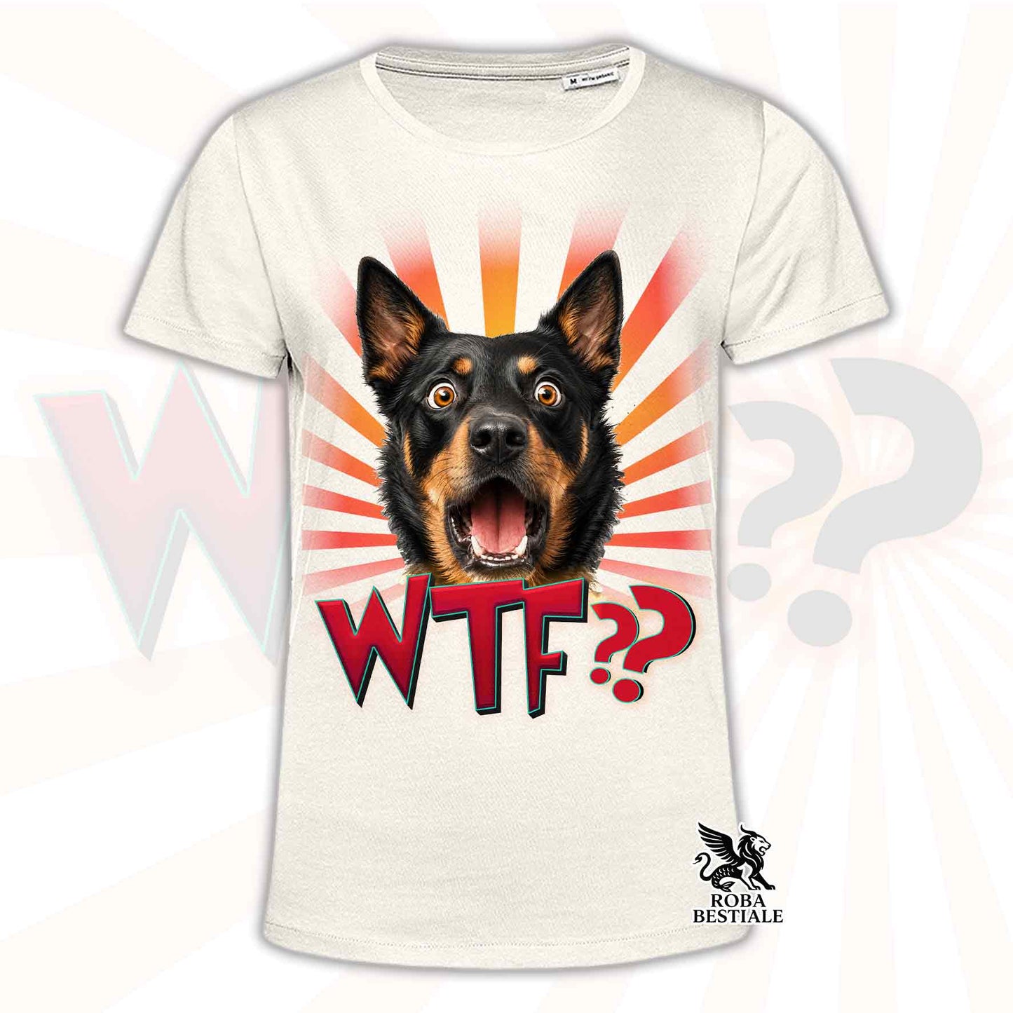 T-shirt beige stampata con un Australian Kelpie con espressione sorpresa. Grafica originale Roba Bestiale, collezione WTF??