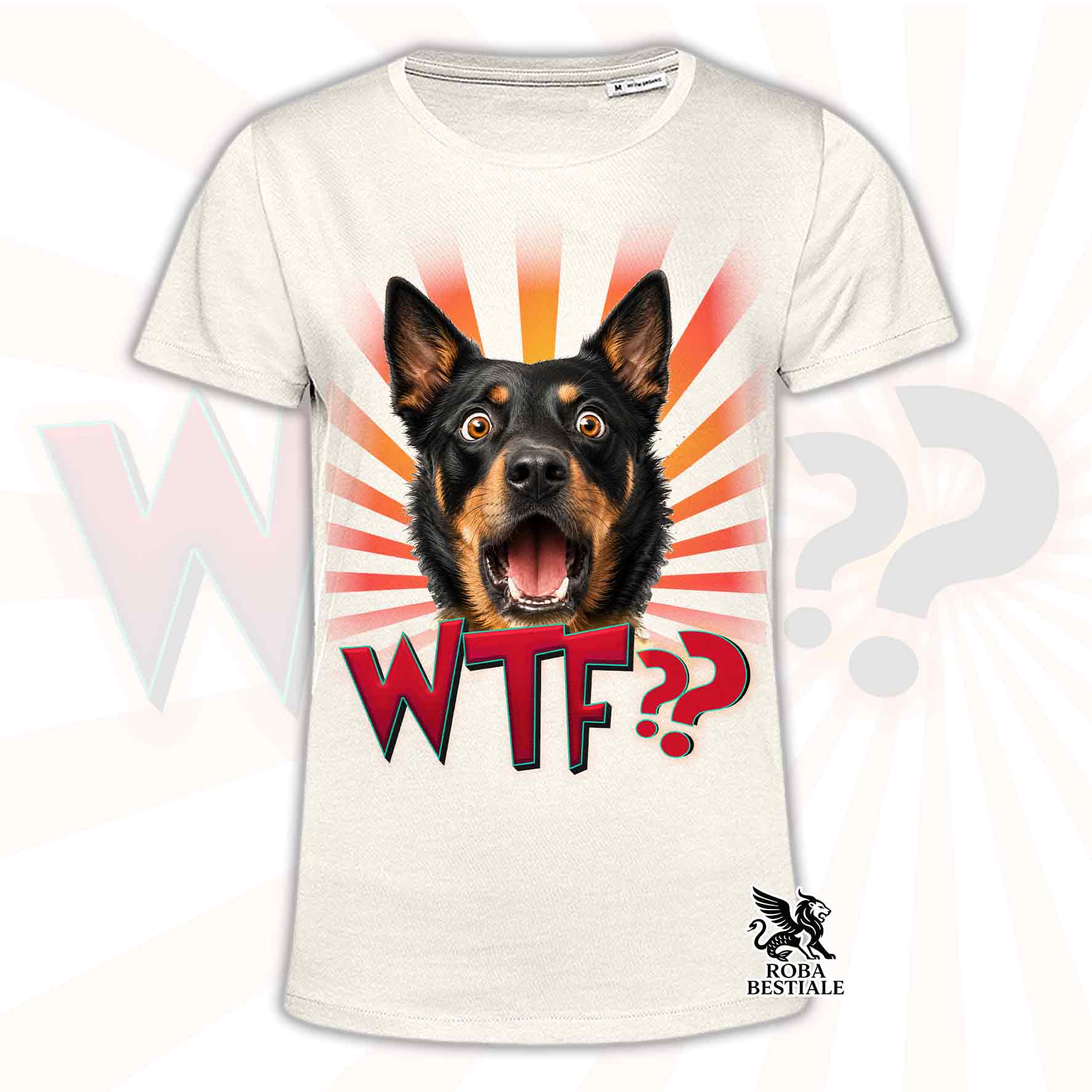 T-shirt beige stampata con un Australian Kelpie con espressione sorpresa. Grafica originale Roba Bestiale, collezione WTF??