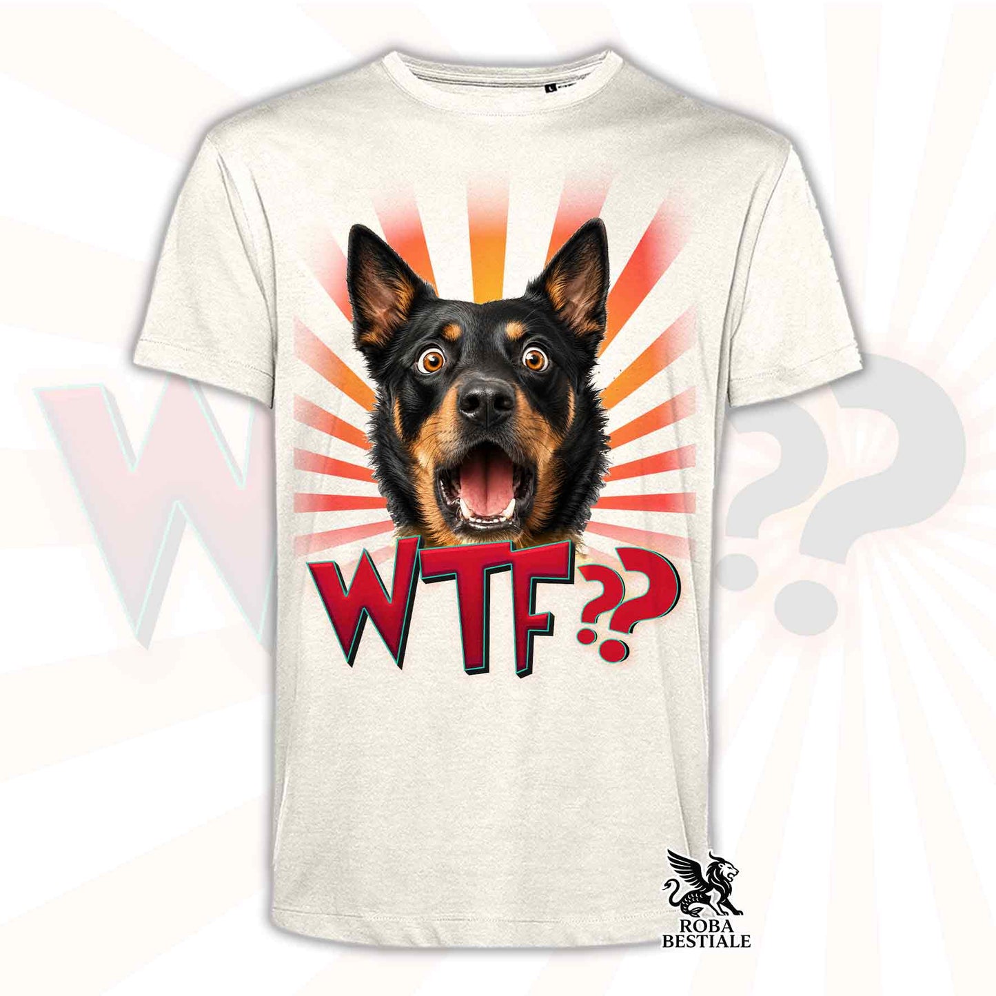 T-shirt beige stampata con un Australian Kelpie con espressione sorpresa. Grafica originale Roba Bestiale, collezione WTF??