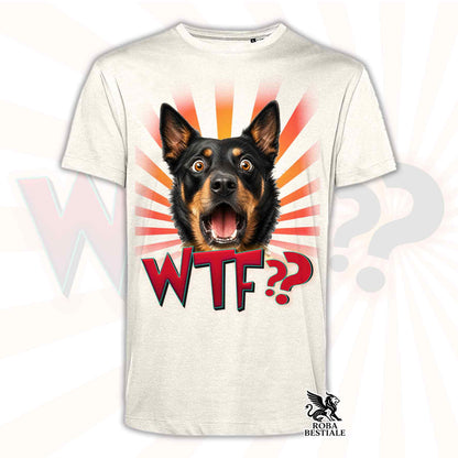 T-shirt beige stampata con un Australian Kelpie con espressione sorpresa. Grafica originale Roba Bestiale, collezione WTF??