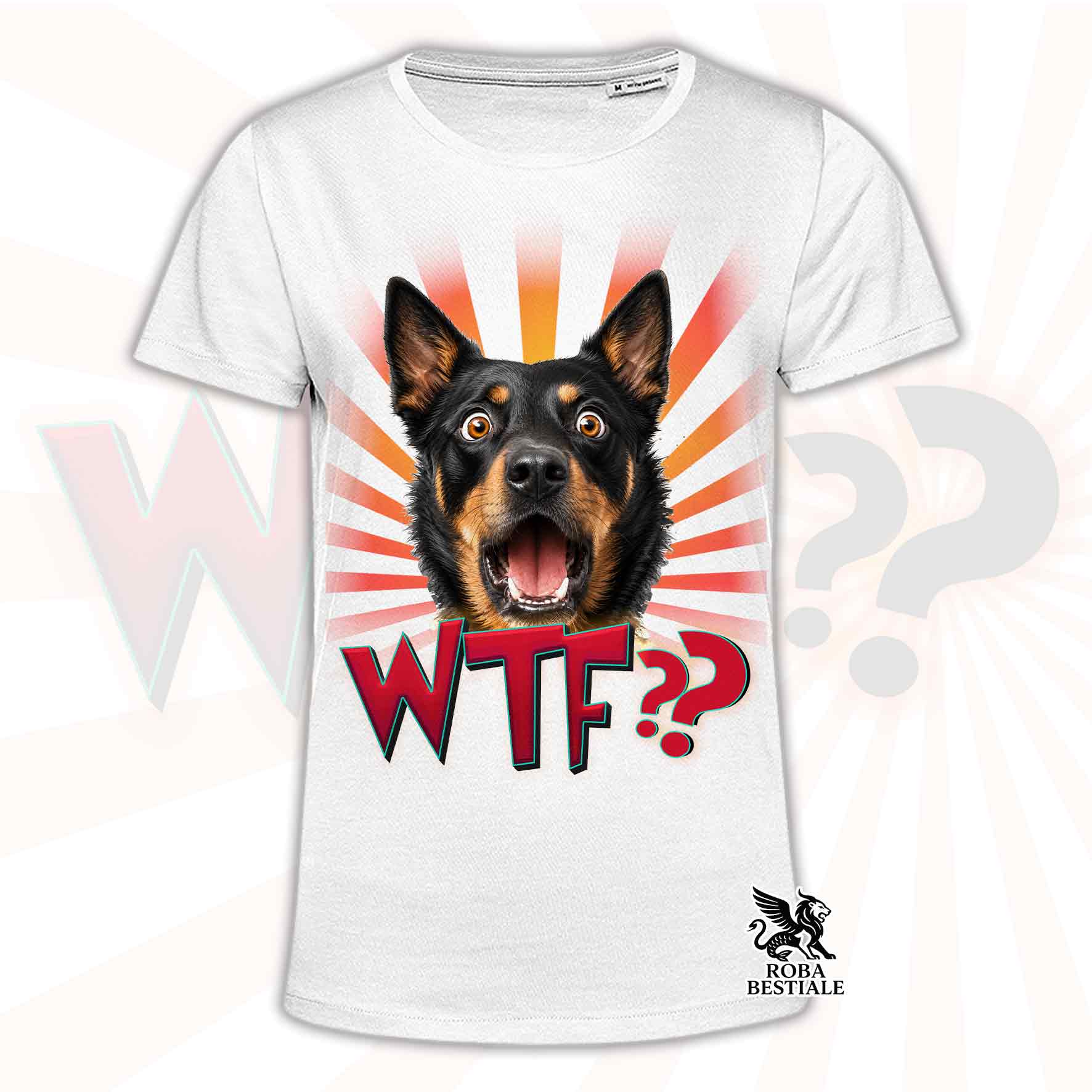 T-shirt bianca stampata con un Australian Kelpie con espressione sorpresa. Grafica originale Roba Bestiale, collezione WTF??