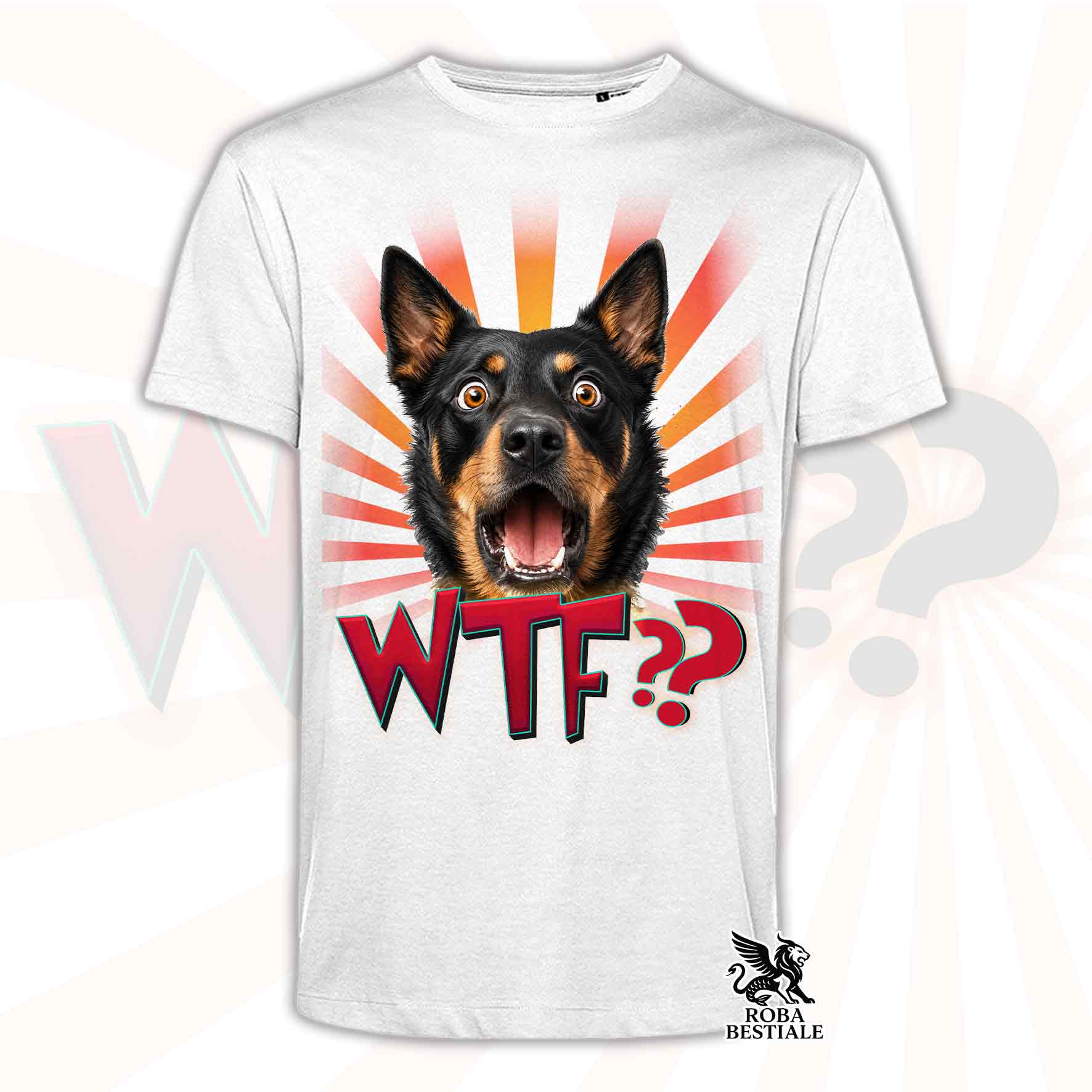 T-shirt bianca stampata con un Australian Kelpie con espressione sorpresa. Grafica originale Roba Bestiale, collezione WTF??