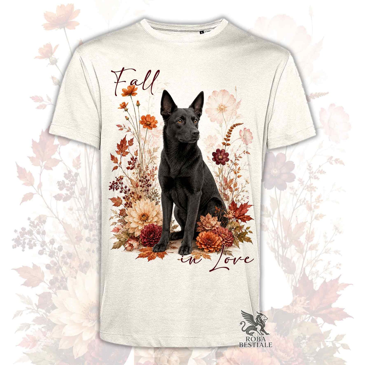 T-shirt beige stampata con un Australian Kelpie seduto in mezzo a fiori e foglie autunnali. Grafica originale Roba Bestiale, collezione Fall