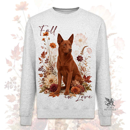 Felpa girocollo grigia stampata con un Australian Kelpie seduto in mezzo a fiori e foglie autunnali. Grafica originale Roba Bestiale, collezione Fall in Love