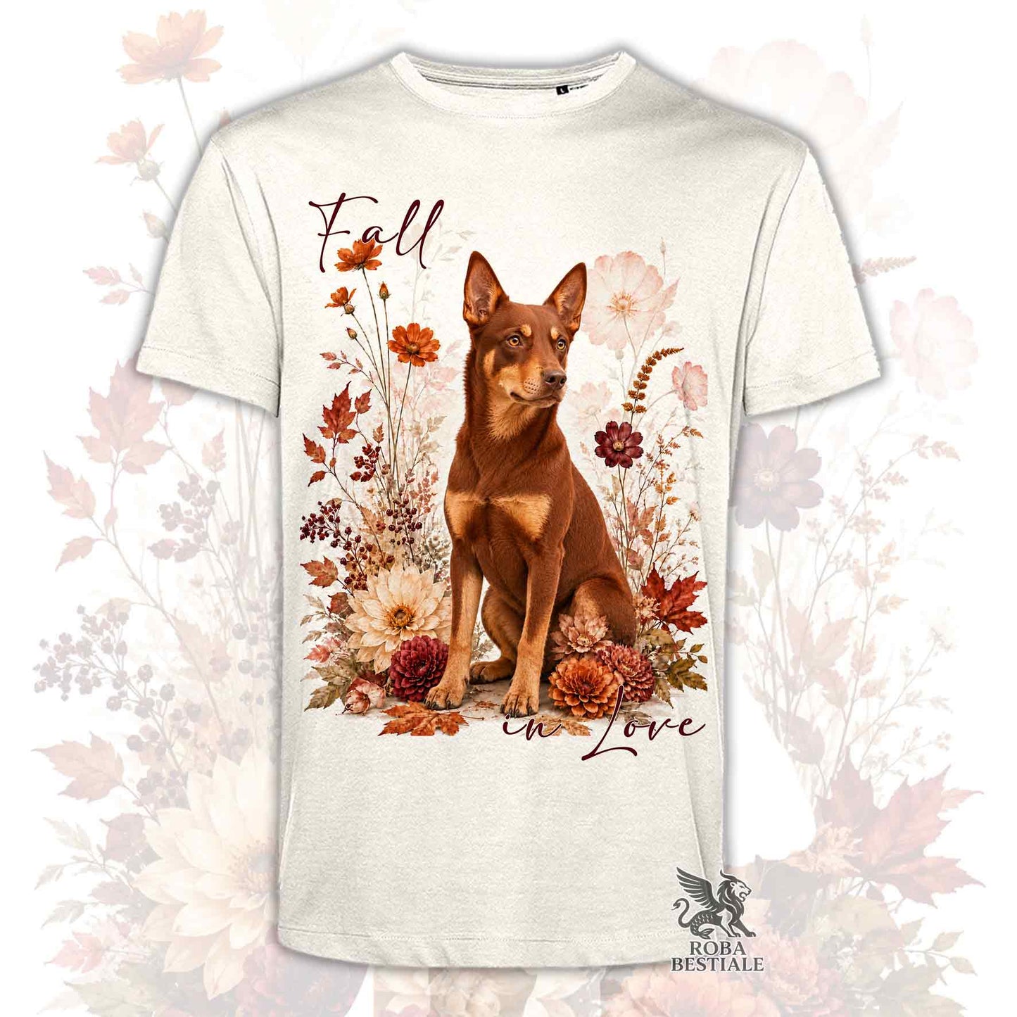T-shirt beige stampata con un Australian Kelpie seduto in mezzo a fiori e foglie autunnali. Grafica originale Roba Bestiale, collezione Fall