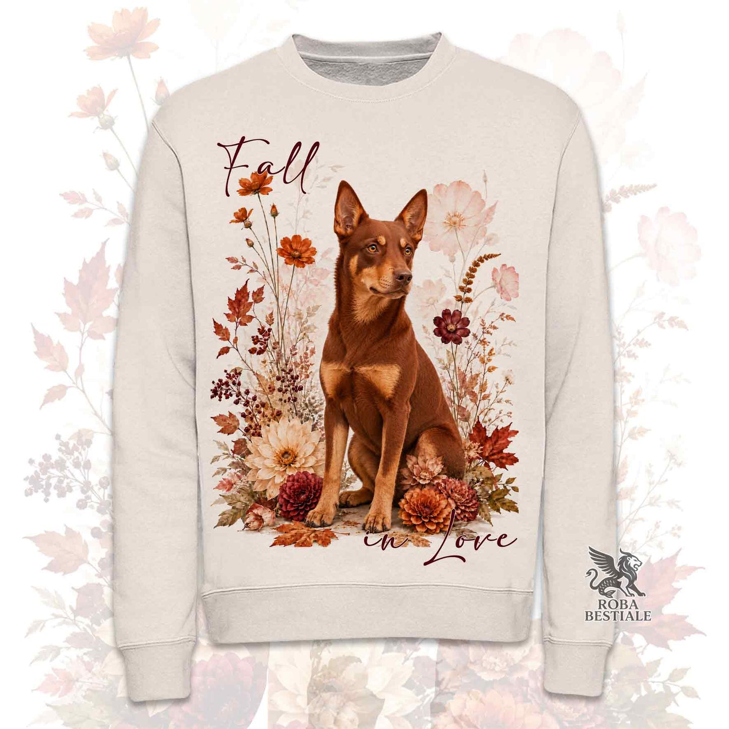 Felpa girocollo beige stampata con un Australian Kelpie seduto in mezzo a fiori e foglie autunnali. Grafica originale Roba Bestiale, collezione Fall in Love