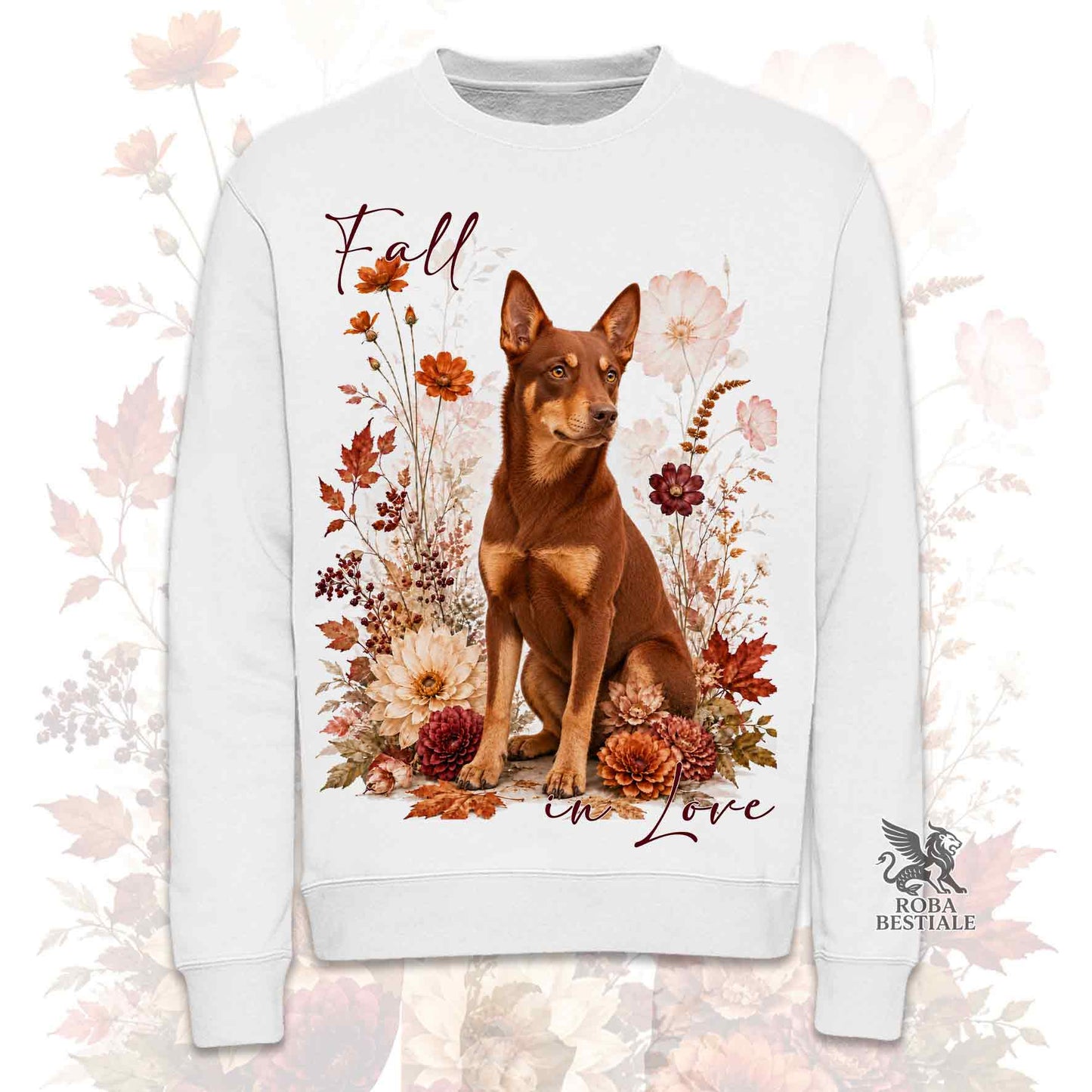 Felpa girocollo bianco stampata con un Australian Kelpie seduto in mezzo a fiori e foglie autunnali. Grafica originale Roba Bestiale, collezione Fall in Love