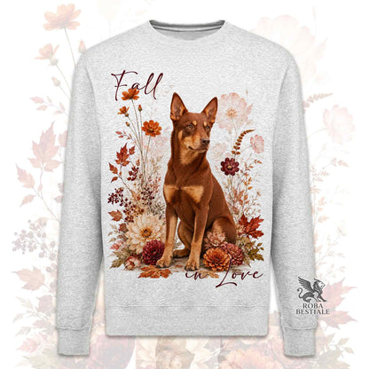 Felpa girocollo grigia stampata con un Australian Kelpie seduto in mezzo a fiori e foglie autunnali. Grafica originale Roba Bestiale, collezione Fall in Love