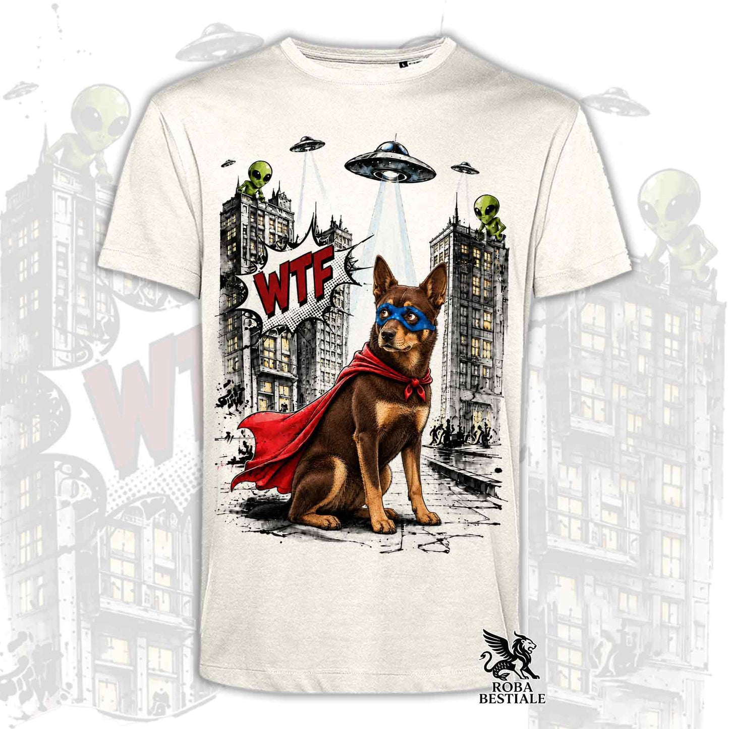 T-shirt bianca stampata con un Australian Kelpie con espressione sorpresa, vestito da Super Eroe. Grafica originale Roba Bestiale, collezione Hero