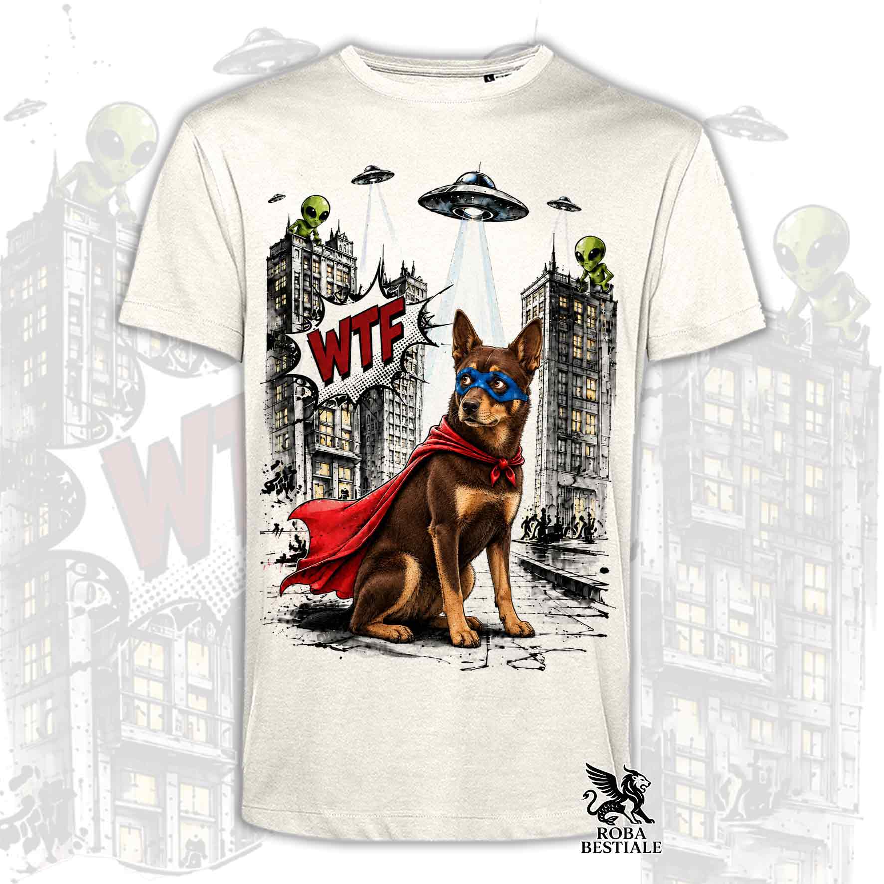 T-shirt bianca stampata con un Australian Kelpie con espressione sorpresa, vestito da Super Eroe. Grafica originale Roba Bestiale, collezione Hero