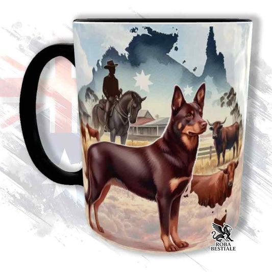 Tazza bianca con dettagli neri, stampata con un Australian Kelpie, grafica Australian Wild Life