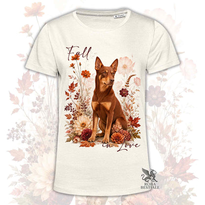 T-shirt beige stampata con un Australian Kelpie seduto in mezzo a fiori e foglie autunnali. Grafica originale Roba Bestiale, collezione Fall