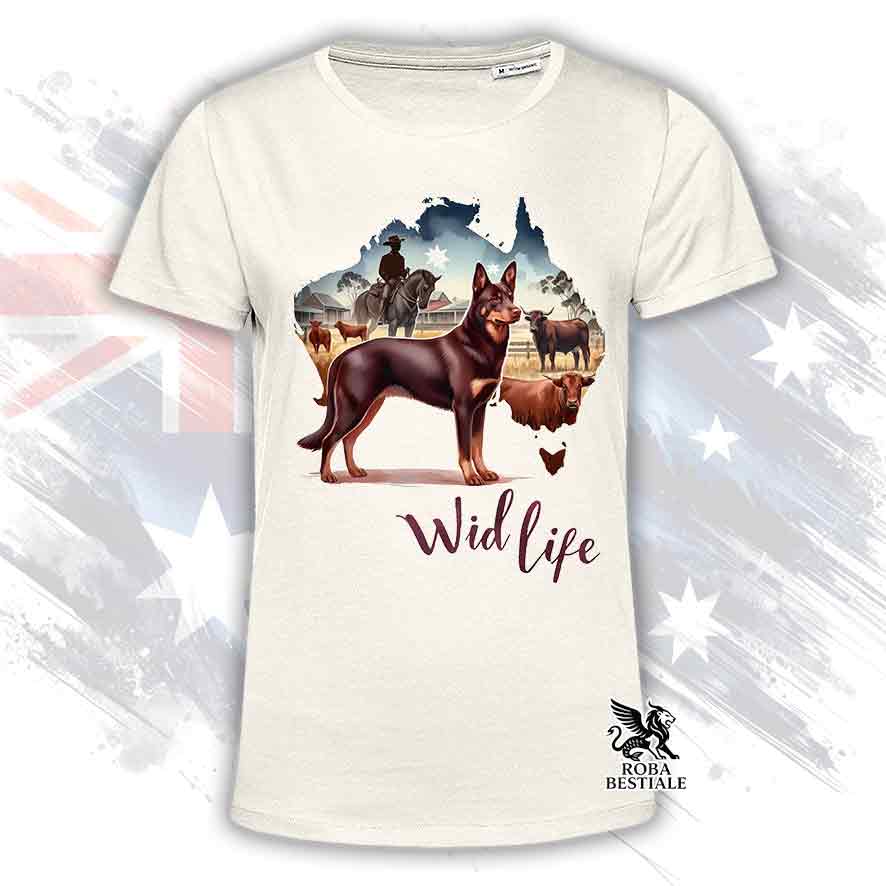 T-shirt beige stampata con un Australian Kelpie, grafica Australian Wild Life