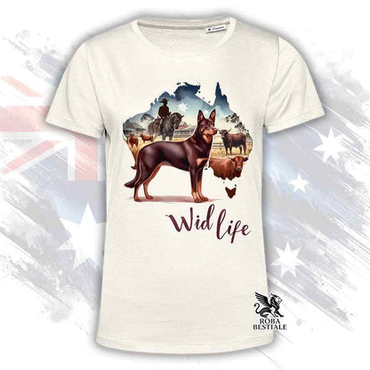 T-shirt beige stampata con un Australian Kelpie, grafica Australian Wild Life