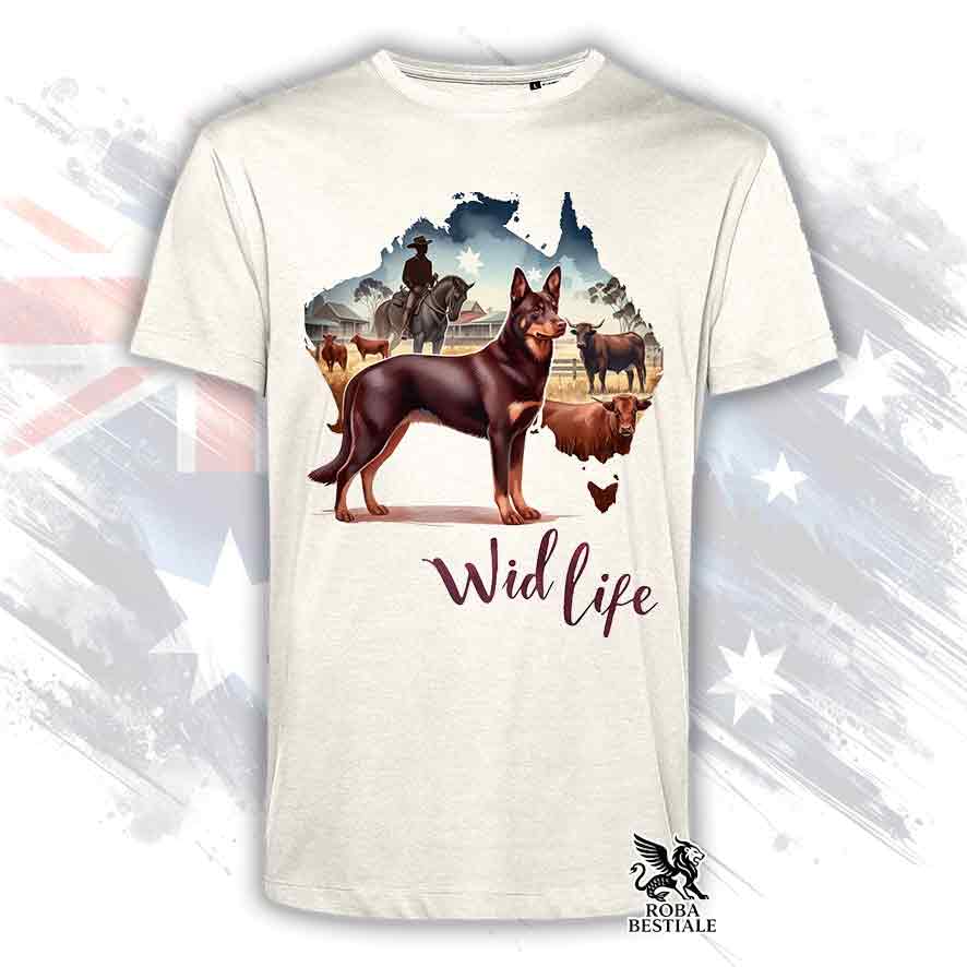 T-shirt beige stampata con un Australian Kelpie, grafica Australian Wild Life