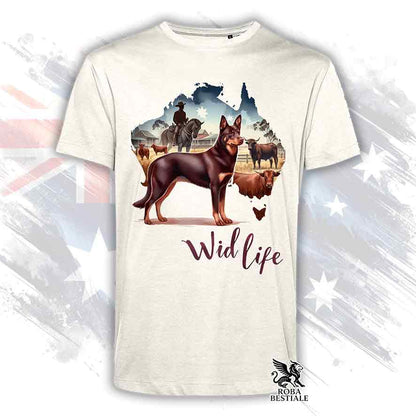 T-shirt beige stampata con un Australian Kelpie, grafica Australian Wild Life