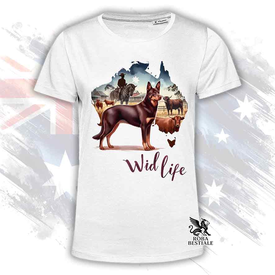 T-shirt bianca stampata con un Australian Kelpie, grafica Australian Wild Life