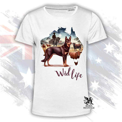 T-shirt bianca stampata con un Australian Kelpie, grafica Australian Wild Life