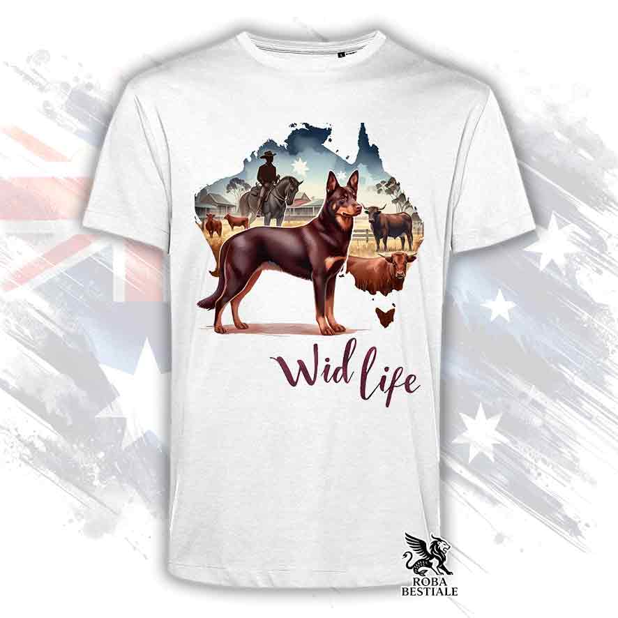 T-shirt bianca stampata con un Australian Kelpie, grafica Australian Wild Life