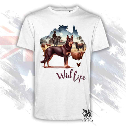 T-shirt bianca stampata con un Australian Kelpie, grafica Australian Wild Life