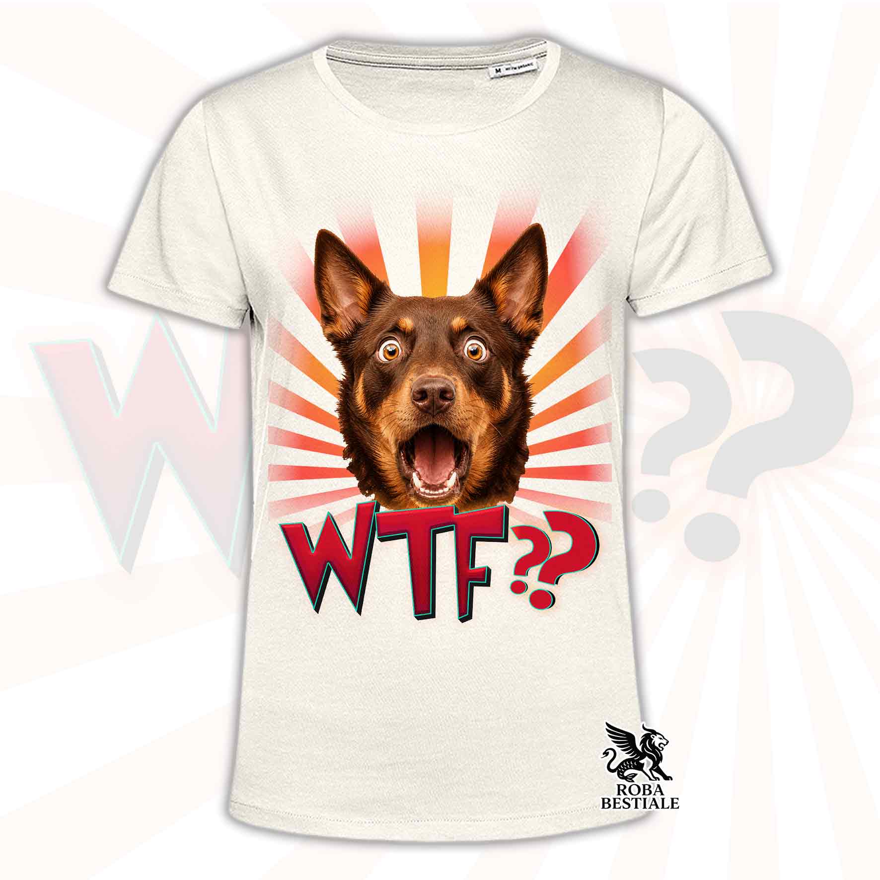 T-shirt beige stampata con un Australian Kelpie rosso focato con espressione sorpresa. Grafica originale Roba Bestiale, collezione WTF??